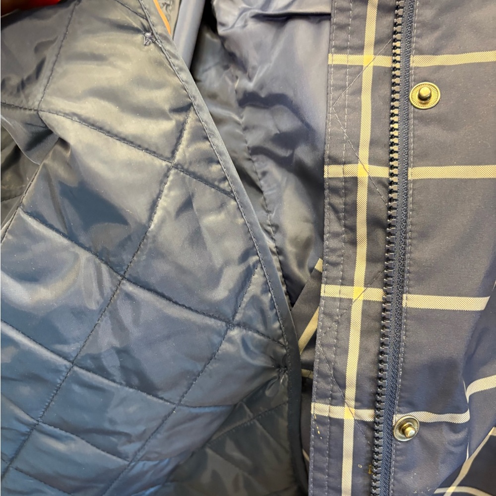 Lands' End Navy Checkered  Belted Rain Coat with Detachable Lining and Hood - Picture 6 of 6
